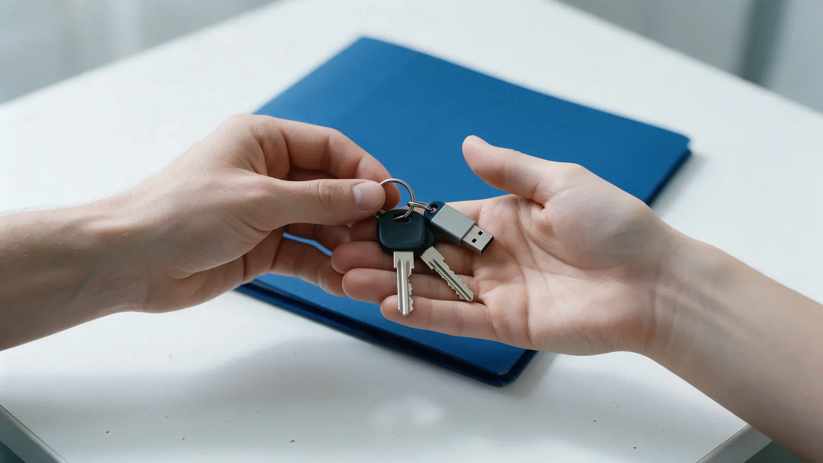 Une main tend un trousseau de clés et une clé USB à une autre main, au-dessus d'un bureau.