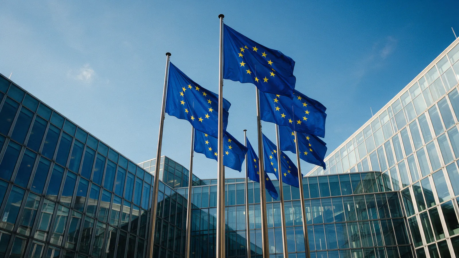 Des drapeaux de l'Union européenne devant un bâtiment institutionnel vitré, sous un ciel bleu.
