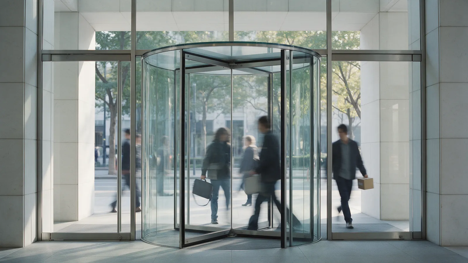 L'entrée vitrée d'un immeuble de bureaux où des personnes arrivent et repartent.