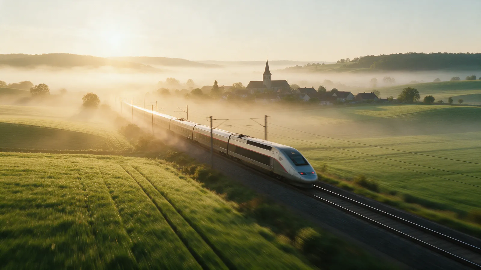 Un train à grande vitesse traverse la campagne française au lever du soleil.