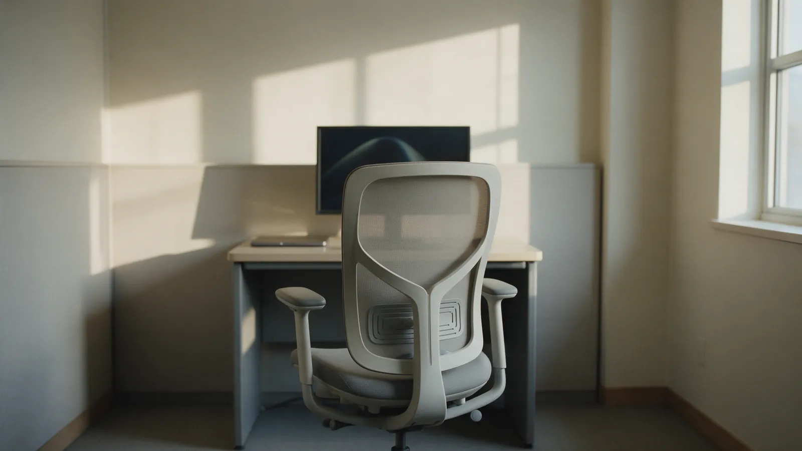 Un fauteuil de bureau vide face à un poste de travail, dans la lumière de l'après-midi.